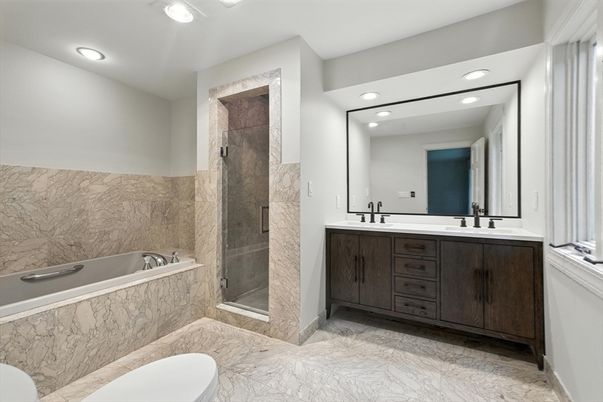 Bathroom, Glass Shower, Interior, Marble, Recessed Lighting