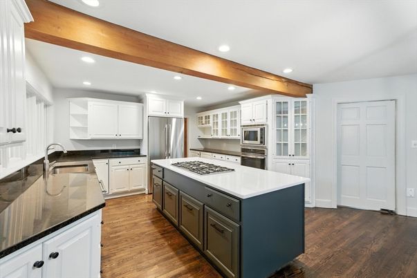 Interior, Kitchen, Recessed Lighting, Stainless Steel Appliances, Wooden Beams, Wood Texture Flooring