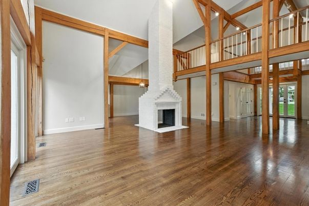 Empty room, Fireplace, Interior, Wooden Beams, Wood Texture Flooring