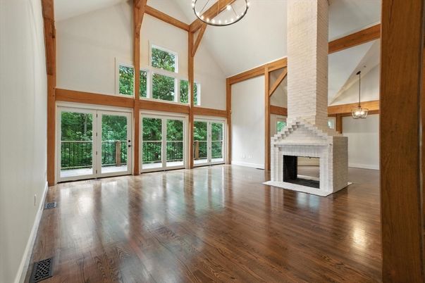 Empty room, Fireplace, Interior, Pendant Lights, Wood Texture Flooring