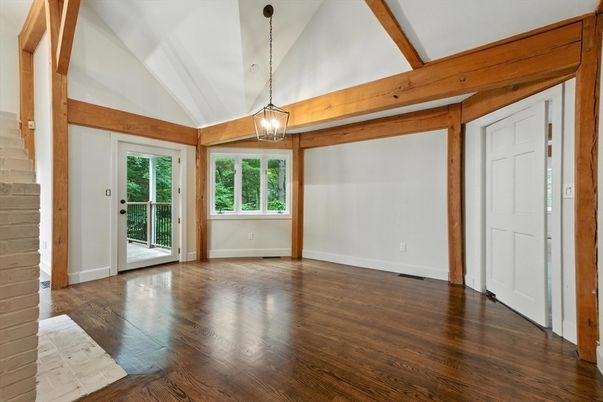 Empty room, Interior, Pendant Lights, Wooden Beams, Wood Texture Flooring