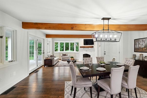 Dining room, Fireplace, Interior, Living room, Pendant Lights, Wooden Beams, Wood Texture Flooring