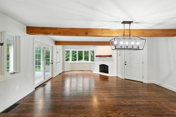 Chandelier, Empty room, Fireplace, Interior, Pendant Lights, Wooden Beams, Wood Texture Flooring