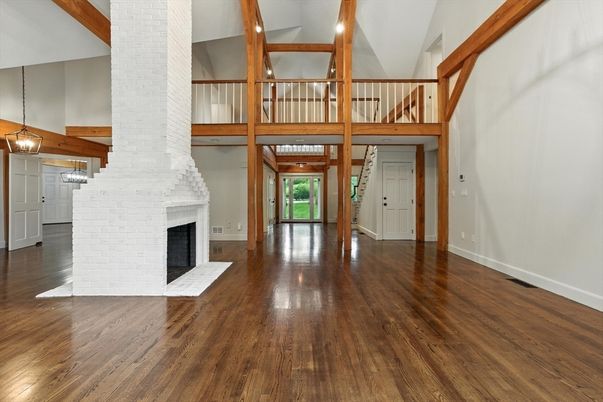 Fireplace, Interior, Pendant Lights, Wood Texture Flooring