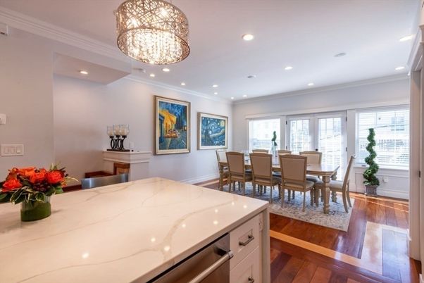 Dining room, Interior, Kitchen, Pendant Lights, Recessed Lighting, Wood Texture Flooring