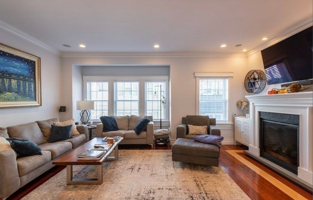 Fireplace, Interior, Living room, Recessed Lighting, Wood Texture Flooring