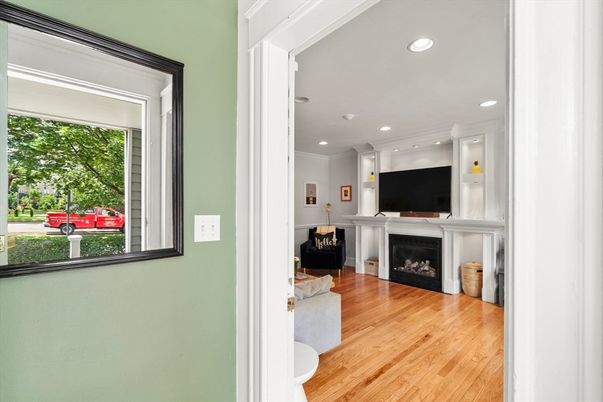 Fireplace, Interior, Recessed Lighting, Wood Texture Flooring