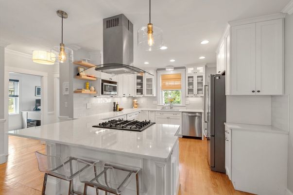 Interior, Kitchen, Pendant Lights, Recessed Lighting, Stainless Steel Appliances, Wood Texture Flooring