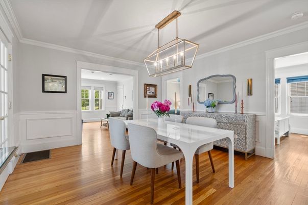 Dining room, Interior, Living room, Pendant Lights, Wood Texture Flooring