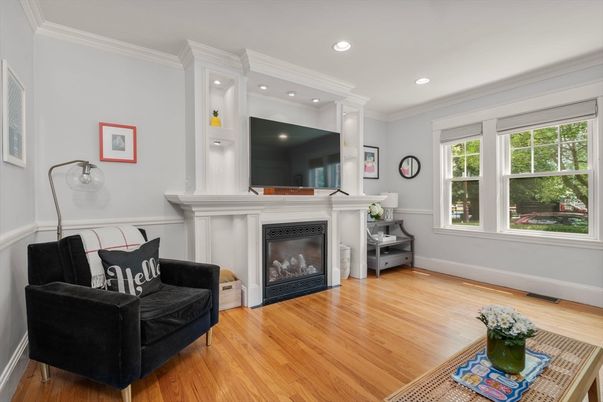 Fireplace, Interior, Recessed Lighting, Wood Texture Flooring