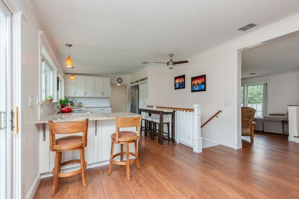 Dining room, Interior, Kitchen, Pendant Lights, Wood Texture Flooring