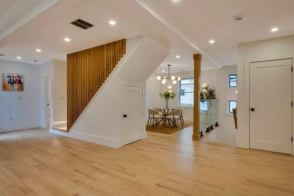 Dining room, Interior, Pendant Lights, Recessed Lighting, Wood Texture Flooring