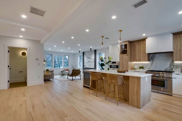 Dining room, Interior, Kitchen, Living room, Marble Walls, Pendant Lights, Recessed Lighting, Stainless Steel Appliances, Wood Texture Flooring