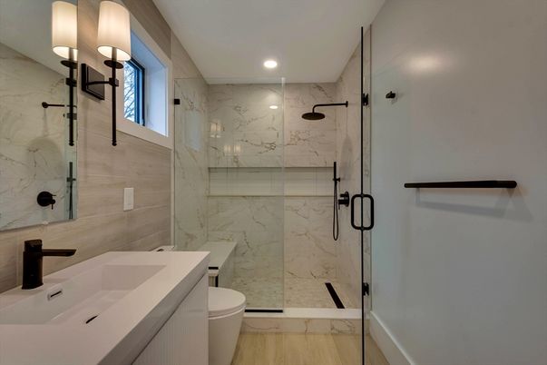 Bathroom, Glass Shower, Interior, Marble Walls, Recessed Lighting, Wood Texture Flooring