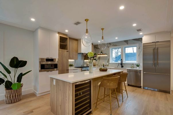 Interior, Kitchen, Pendant Lights, Recessed Lighting, Stainless Steel Appliances, Wood Texture Flooring