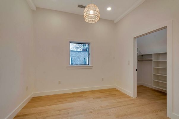 Chandelier, Empty room, Interior, Recessed Lighting, Wood Texture Flooring