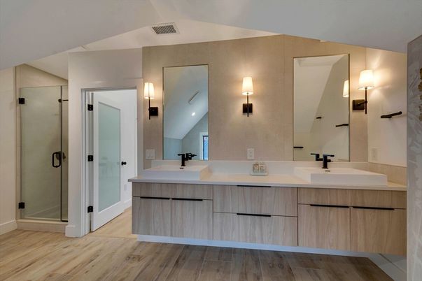 Bathroom, Dual Sink Vanities, Glass Shower, Interior, Wood Texture Flooring