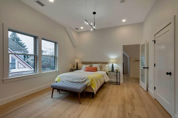 Bedroom, Interior, Pendant Lights, Recessed Lighting, Wood Texture Flooring