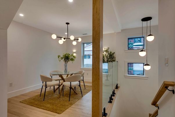 Dining room, Interior, Pendant Lights, Recessed Lighting, Wood Texture Flooring