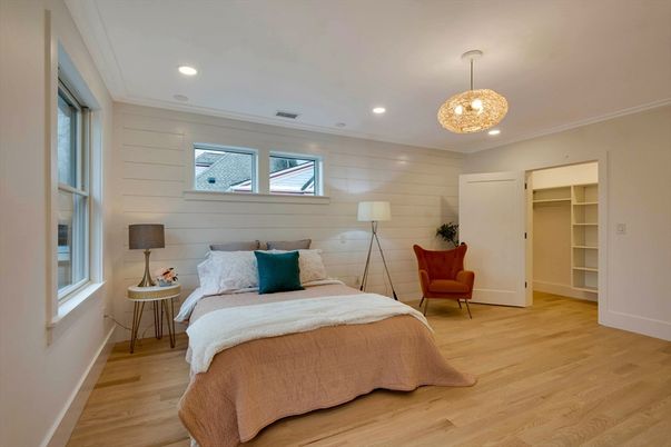 Bedroom, Chandelier, Interior, Recessed Lighting, Wood Texture Flooring