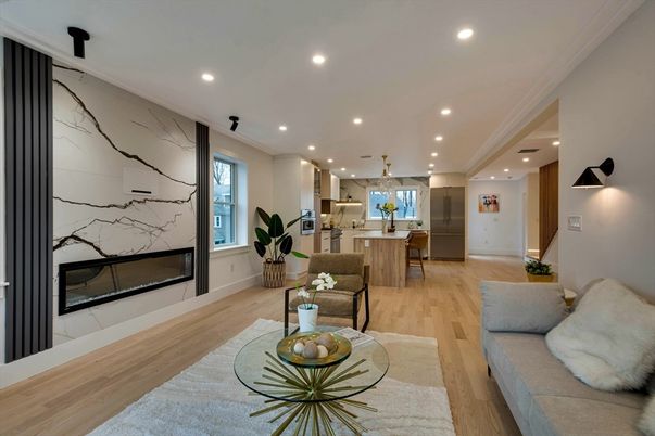 Interior, Kitchen, Marble Walls, Pendant Lights, Recessed Lighting, Wood Texture Flooring