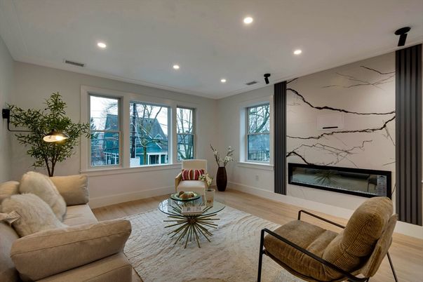 Interior, Living room, Marble Walls, Recessed Lighting, Wood Texture Flooring