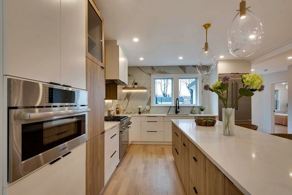 Interior, Kitchen, Pendant Lights, Recessed Lighting, Stainless Steel Appliances, Wood Texture Flooring