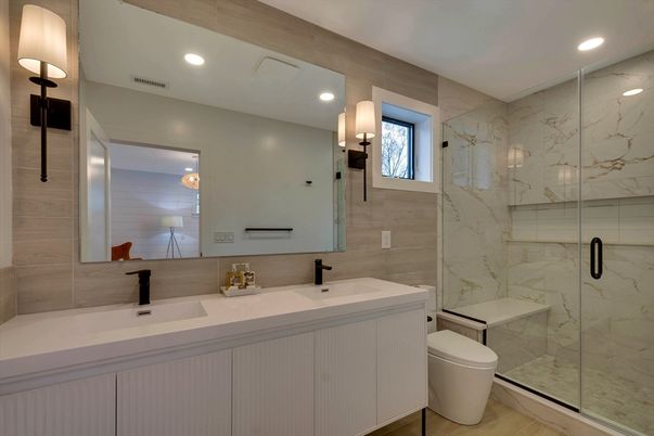 Bathroom, Glass Shower, Interior, Marble Walls, Recessed Lighting, Wood Texture Flooring