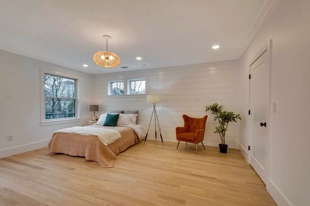 Bedroom, Chandelier, Interior, Recessed Lighting, Wood Texture Flooring