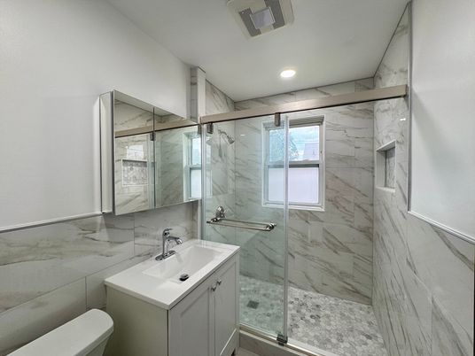 Bathroom, Glass Shower, Interior, Marble Walls, Recessed Lighting
