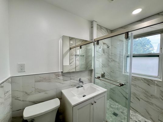 Bathroom, Glass Shower, Interior, Marble Walls, Recessed Lighting