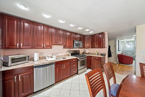 Interior, Kitchen, Living room, Recessed Lighting, Stainless Steel Appliances, Wood Texture Flooring