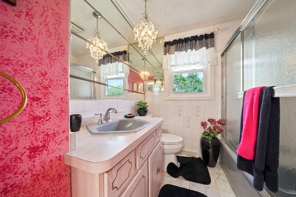 Bathroom, Chandelier, Glass Shower, Interior, Pendant Lights