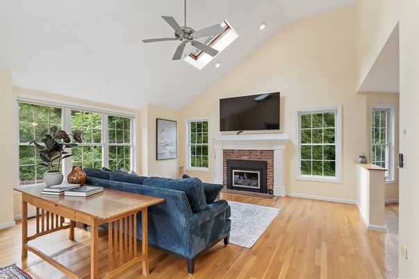 Fireplace, Interior, Living room, Recessed Lighting, Wood Texture Flooring