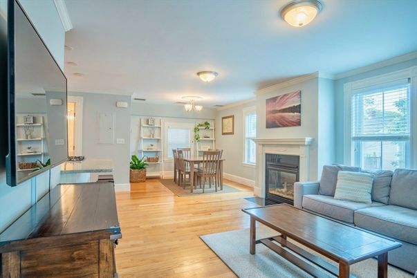 Dining room, Fireplace, Interior, Living room, Wood Texture Flooring