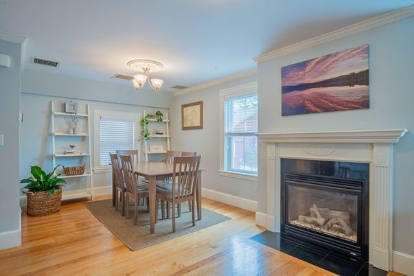 Dining room, Fireplace, Interior, Wood Texture Flooring