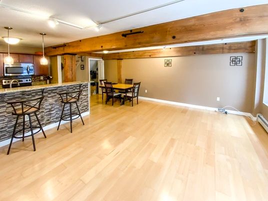 Dining room, Interior, Pendant Lights, Wooden Beams, Wood Texture Flooring
