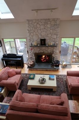 Fireplace, Interior, Living room, Piano, Stone Walls, Wood Texture Flooring