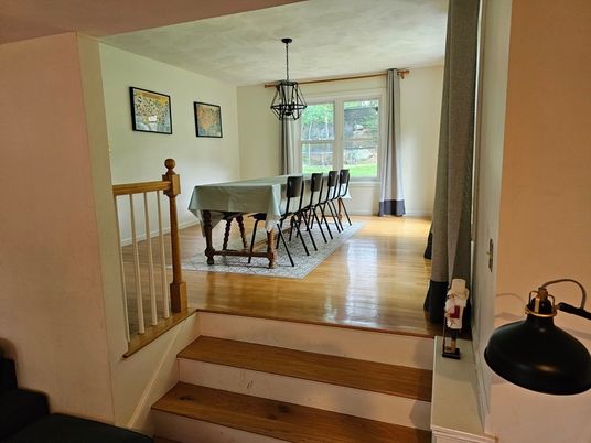 Dining room, Interior, Pendant Lights, Wood Texture Flooring