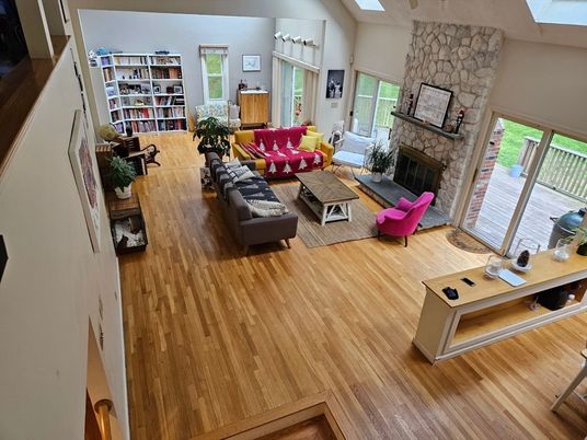Fireplace, Interior, Living room, Stone Walls, Wood Texture Flooring