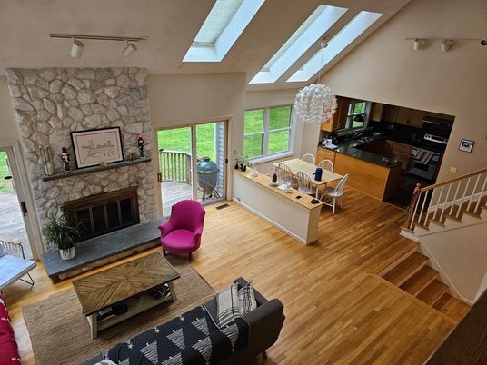 Fireplace, Interior, Living room, Stone Walls, Wood Texture Flooring