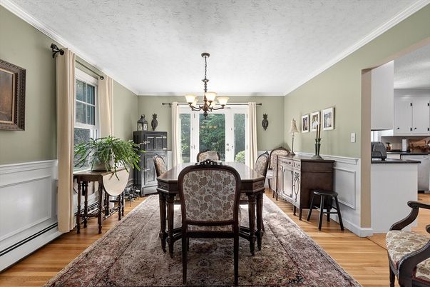 Chandelier, Dining room, Interior, Wood Texture Flooring