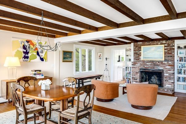 Dining room, Fireplace, Interior, Living room, Pendant Lights, Stone Walls, Wooden Beams, Wood Texture Flooring