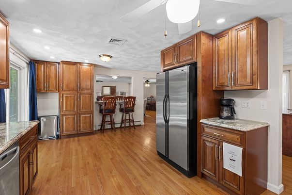 Dining room, Interior, Kitchen, Recessed Lighting, Stainless Steel Appliances, Wood Texture Flooring