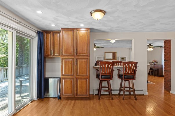 Dining room, Interior, Recessed Lighting, Stone Walls, Wood Texture Flooring