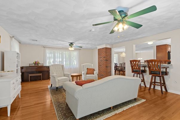 Dining room, Interior, Living room, Pendant Lights, Piano, Stone Walls, Wood Texture Flooring