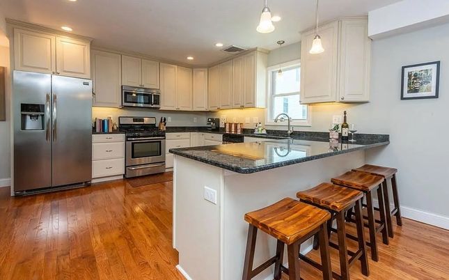 Interior, Kitchen, Pendant Lights, Recessed Lighting, Stainless Steel Appliances, Wood Texture Flooring