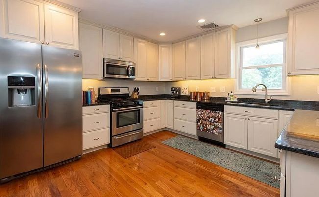 Interior, Kitchen, Pendant Lights, Recessed Lighting, Stainless Steel Appliances, Wood Texture Flooring