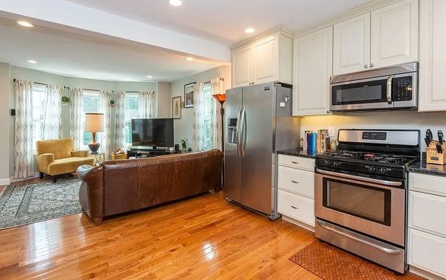 Interior, Kitchen, Living room, Recessed Lighting, Stainless Steel Appliances, Wood Texture Flooring