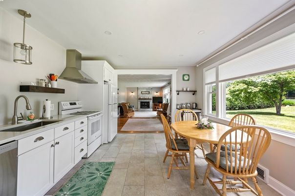 Dining room, Fireplace, Interior, Kitchen, Pendant Lights, Recessed Lighting, Stainless Steel Appliances